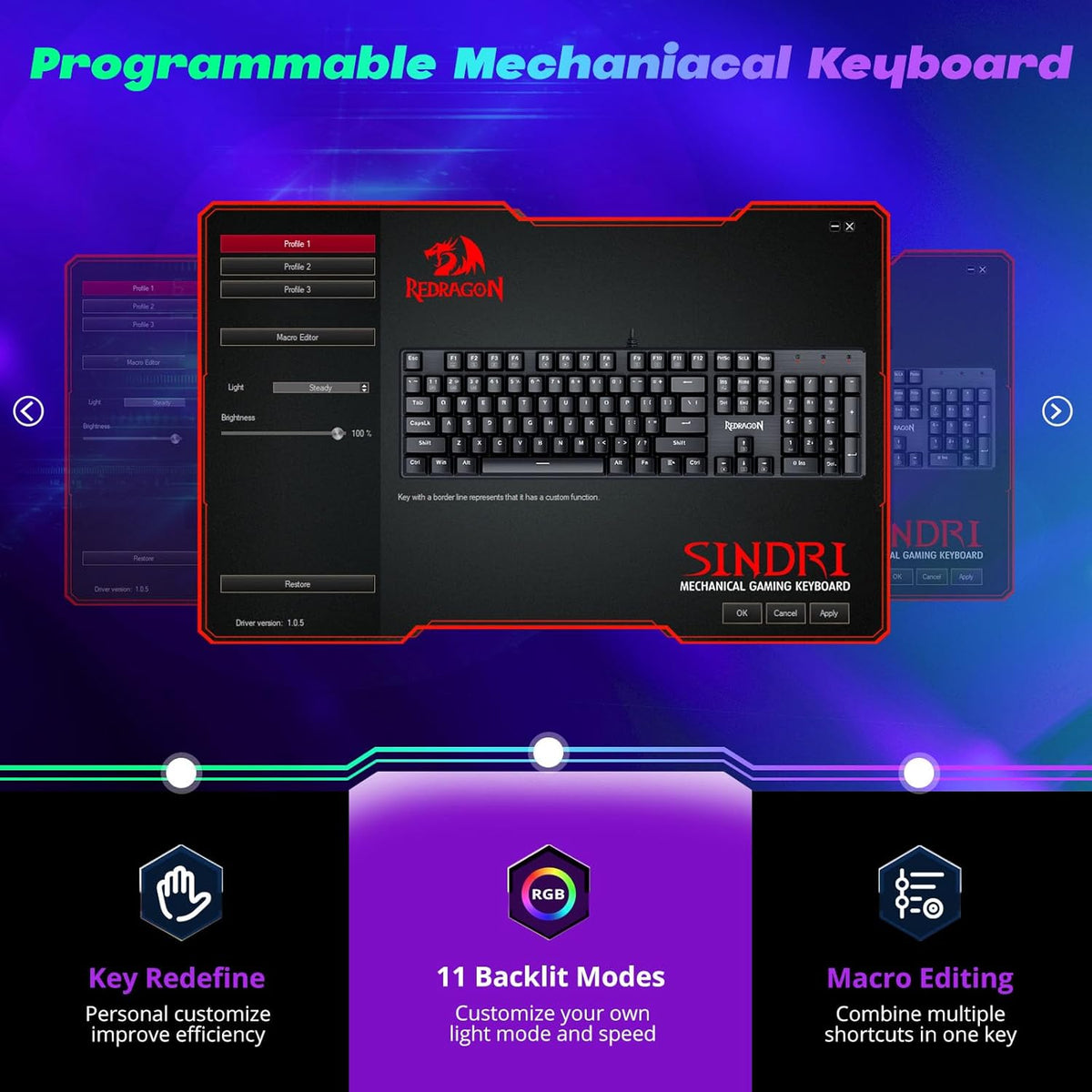 Mechanical Gaming Keyboard Wired, 11 Programmable Backlit Modes, Hot-Swappable Red Switch, Anti-Ghosting, Double-Shot PBT Keycaps, Light up Keyboard for PC Mac