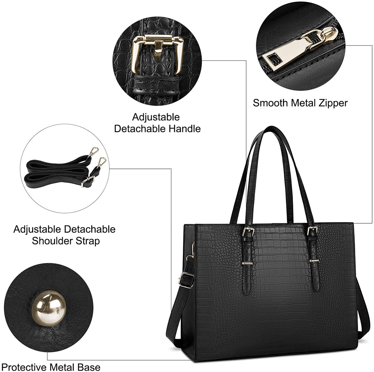 15.6 Inch Women's Crocodile Leather Laptop Tote Bag - Water-Resistant Business Briefcase and Shoulder Bag for Professionals, Black