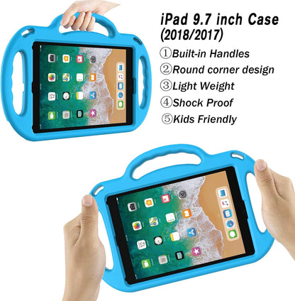 Kids Case for Ipad 5Th/6Th Generation (9.7 Inch, 2017/2018), Air 1 & Air 2 & Pro 9.7" Case with Shoulder Strap Handle Stand, Blue