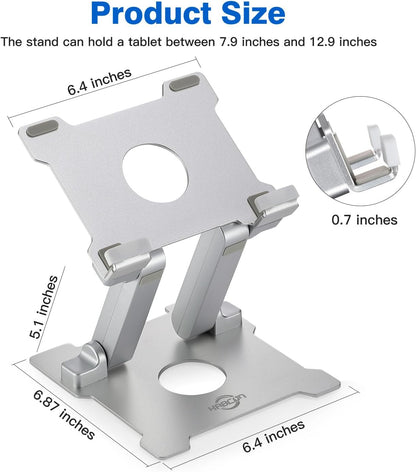 Adjustable Aluminum Tablet Stand - Foldable Eye-Level Holder for 15-Inch Devices - Compatible with iPad, Microsoft Surface, Samsung Galaxy, Kindle Fire & More - Sleek Silver Design