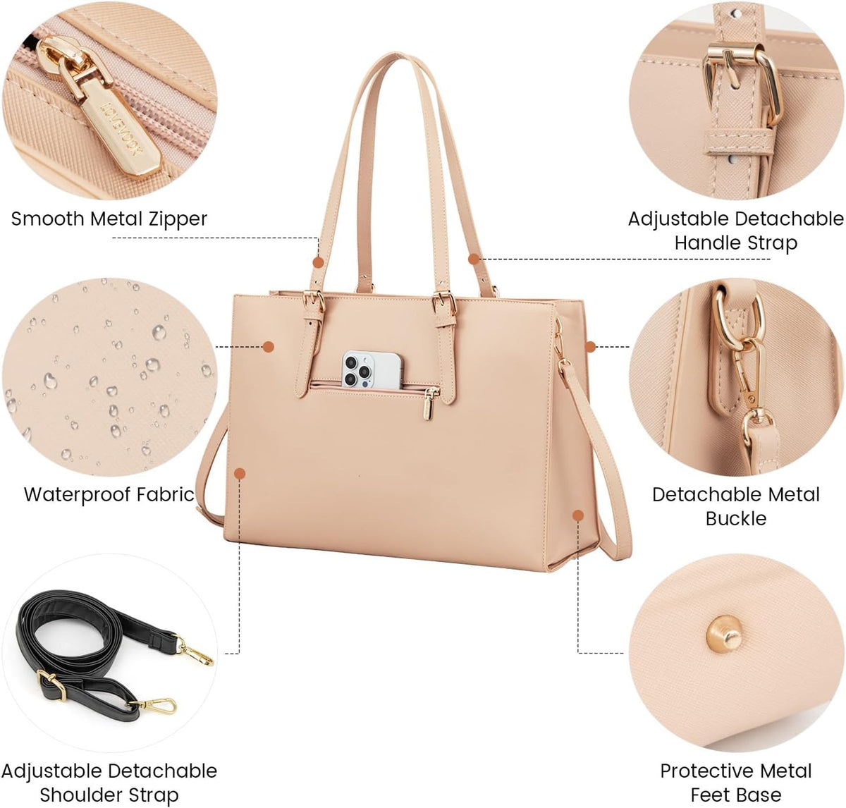 Laptop Bag for Women, Fashion Computer Tote Bag Large Capacity Handbag, Leather Shoulder Bag Purse Set, Professional Business Work Briefcase for Office Lady, 2Pcs, 15.6-Inch, Nude Pink