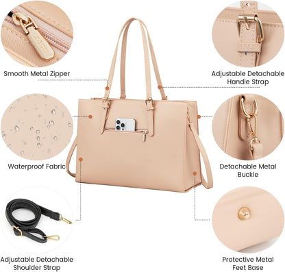 Laptop Bag for Women, Fashion Computer Tote Bag Large Capacity Handbag, Leather Shoulder Bag Purse Set, Professional Business Work Briefcase for Office Lady, 2Pcs, 15.6-Inch, Nude Pink