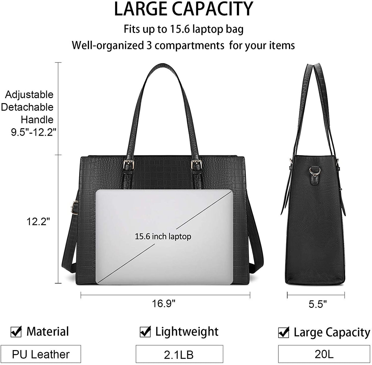 15.6 Inch Women's Crocodile Leather Laptop Tote Bag - Water-Resistant Business Briefcase and Shoulder Bag for Professionals, Black