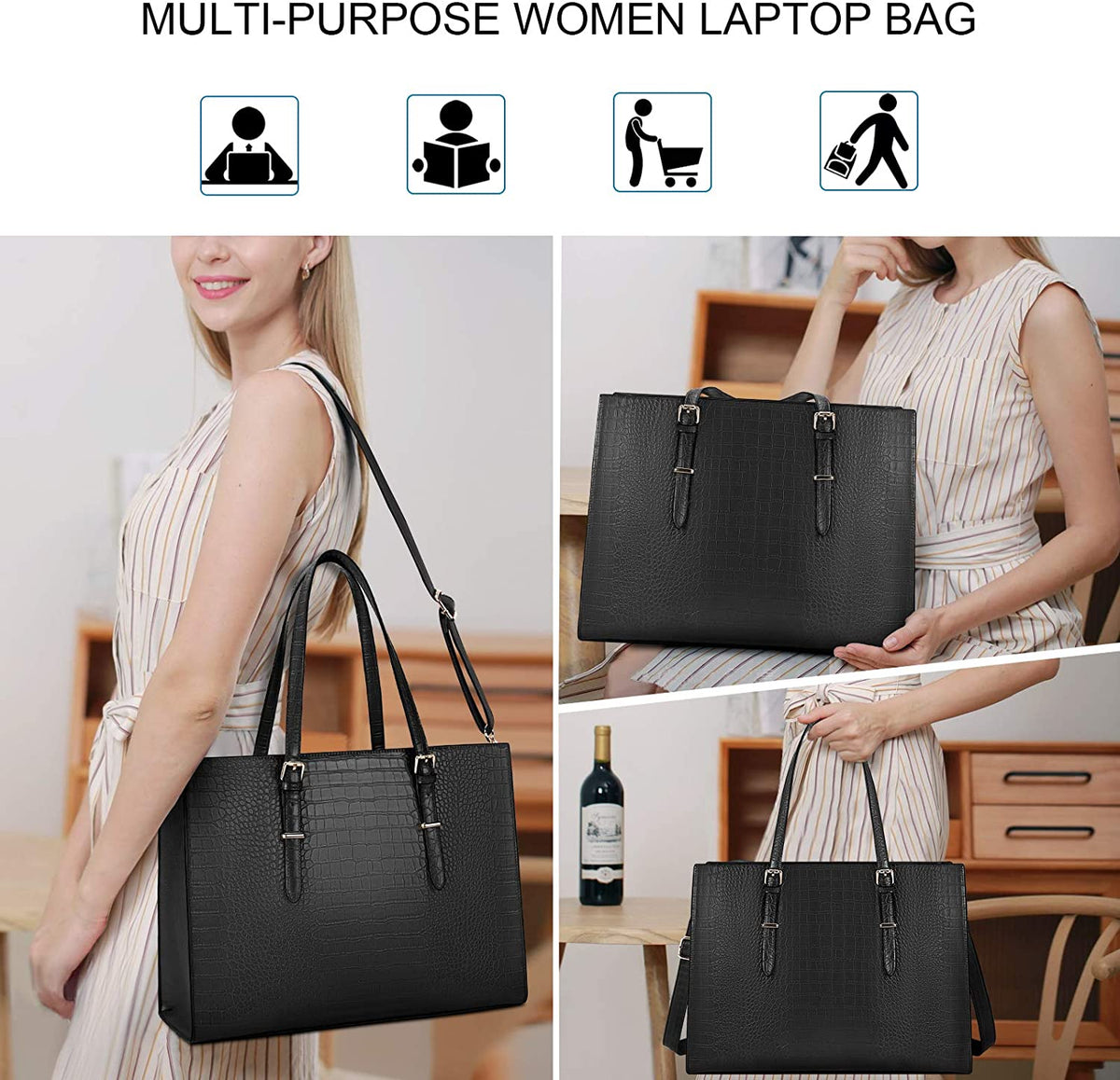 15.6 Inch Women's Crocodile Leather Laptop Tote Bag - Water-Resistant Business Briefcase and Shoulder Bag for Professionals, Black