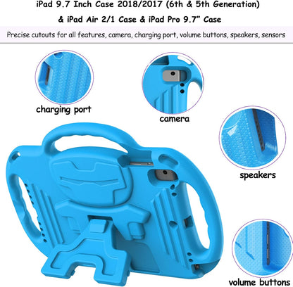Kids Case for Ipad 5Th/6Th Generation (9.7 Inch, 2017/2018), Air 1 & Air 2 & Pro 9.7" Case with Shoulder Strap Handle Stand, Blue