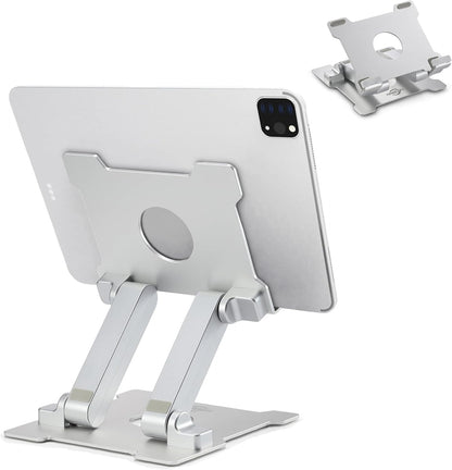 Adjustable Aluminum Tablet Stand - Foldable Eye-Level Holder for 15-Inch Devices - Compatible with iPad, Microsoft Surface, Samsung Galaxy, Kindle Fire & More - Sleek Silver Design