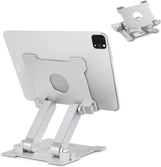 Adjustable Aluminum Tablet Stand - Foldable Eye-Level Holder for 15-Inch Devices - Compatible with iPad, Microsoft Surface, Samsung Galaxy, Kindle Fire & More - Sleek Silver Design