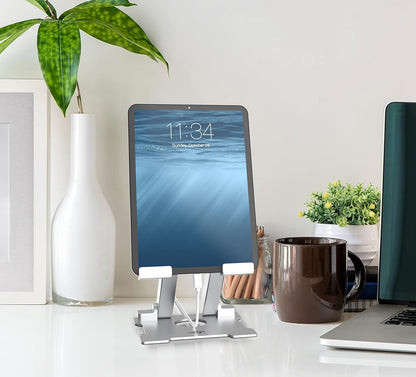 Adjustable Aluminum Tablet Stand - Foldable Eye-Level Holder for 15-Inch Devices - Compatible with iPad, Microsoft Surface, Samsung Galaxy, Kindle Fire & More - Sleek Silver Design