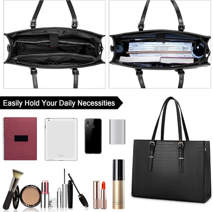 15.6 Inch Women's Crocodile Leather Laptop Tote Bag - Water-Resistant Business Briefcase and Shoulder Bag for Professionals, Black
