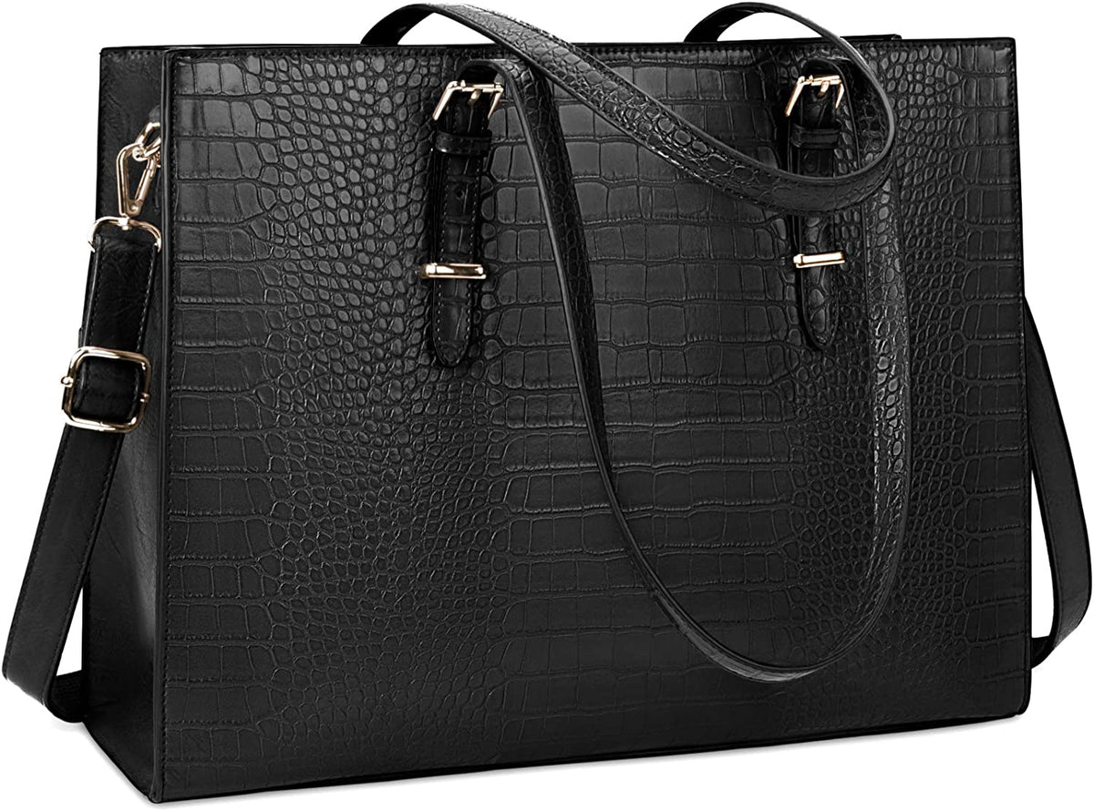 15.6 Inch Women's Crocodile Leather Laptop Tote Bag - Water-Resistant Business Briefcase and Shoulder Bag for Professionals, Black