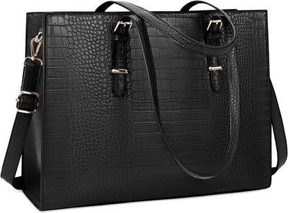 15.6 Inch Women's Crocodile Leather Laptop Tote Bag - Water-Resistant Business Briefcase and Shoulder Bag for Professionals, Black
