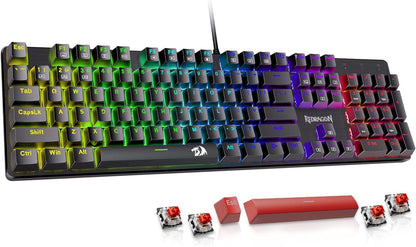 Mechanical Gaming Keyboard Wired, 11 Programmable Backlit Modes, Hot-Swappable Red Switch, Anti-Ghosting, Double-Shot PBT Keycaps, Light up Keyboard for PC Mac