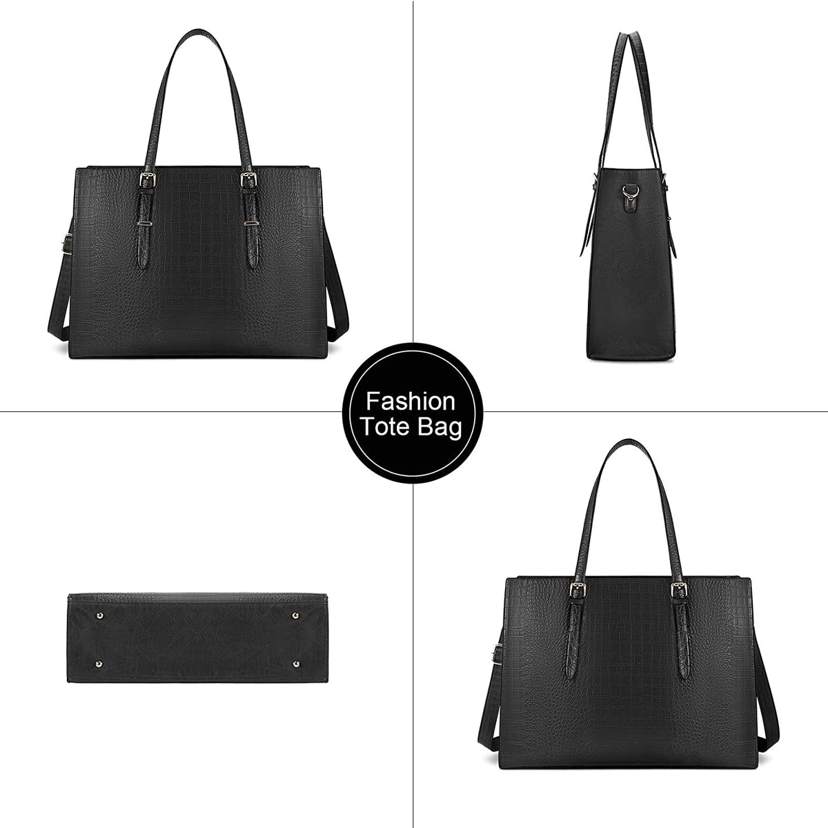 15.6 Inch Women's Crocodile Leather Laptop Tote Bag - Water-Resistant Business Briefcase and Shoulder Bag for Professionals, Black