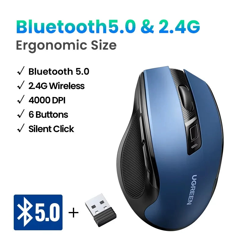 Wireless Mouse Bluetooth5.0 Mouse Ergonomic 4000DPI 6 Mute Buttons Mouse for Macbook Tablet Laptops Computer PC 2.4G Mice