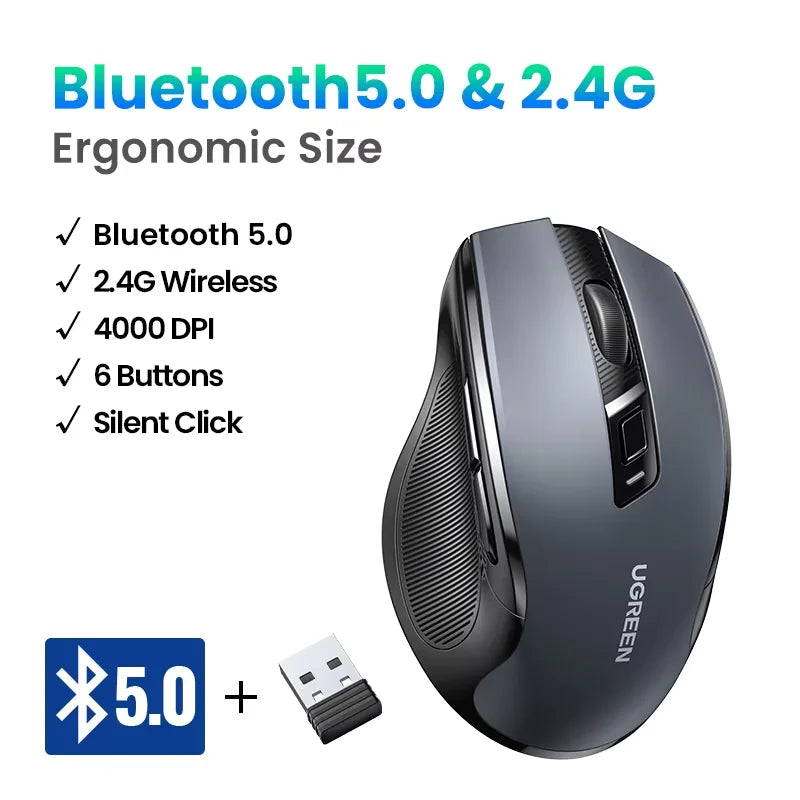 Wireless Mouse Bluetooth5.0 Mouse Ergonomic 4000DPI 6 Mute Buttons Mouse for Macbook Tablet Laptops Computer PC 2.4G Mice