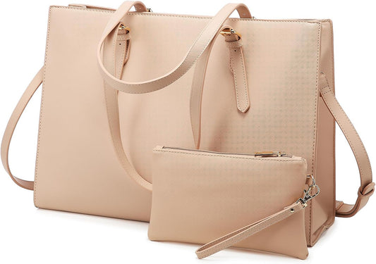 Laptop Bag for Women, Fashion Computer Tote Bag Large Capacity Handbag, Leather Shoulder Bag Purse Set, Professional Business Work Briefcase for Office Lady, 2Pcs, 15.6-Inch, Nude Pink